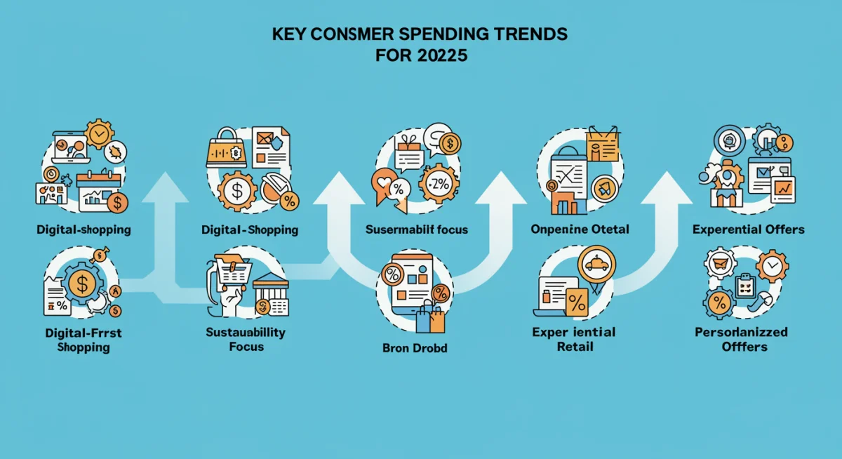 Infographic detailing consumer spending trends for 2025, highlighting digital, sustainability, and personalization.