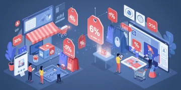 Dynamic digital marketplace with glowing discount tags on consumer products, representing 2025 daily deal market shifts.