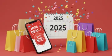 Vibrant shopping scene with phone showing daily deals and 2025 calendar