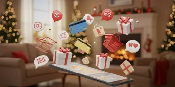 Festive holiday shopping online scene with gifts and digital devices