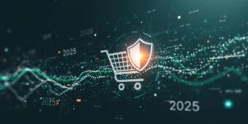 Digital shield protecting a shopping cart, symbolizing 2025 US online consumer protection laws.