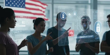 Futuristic interface showing 2025 US e-commerce regulations for online shopping