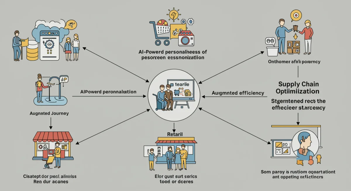 Interconnected retail technologies including AI personalization, supply chain optimization, and AR for enhanced customer experience.