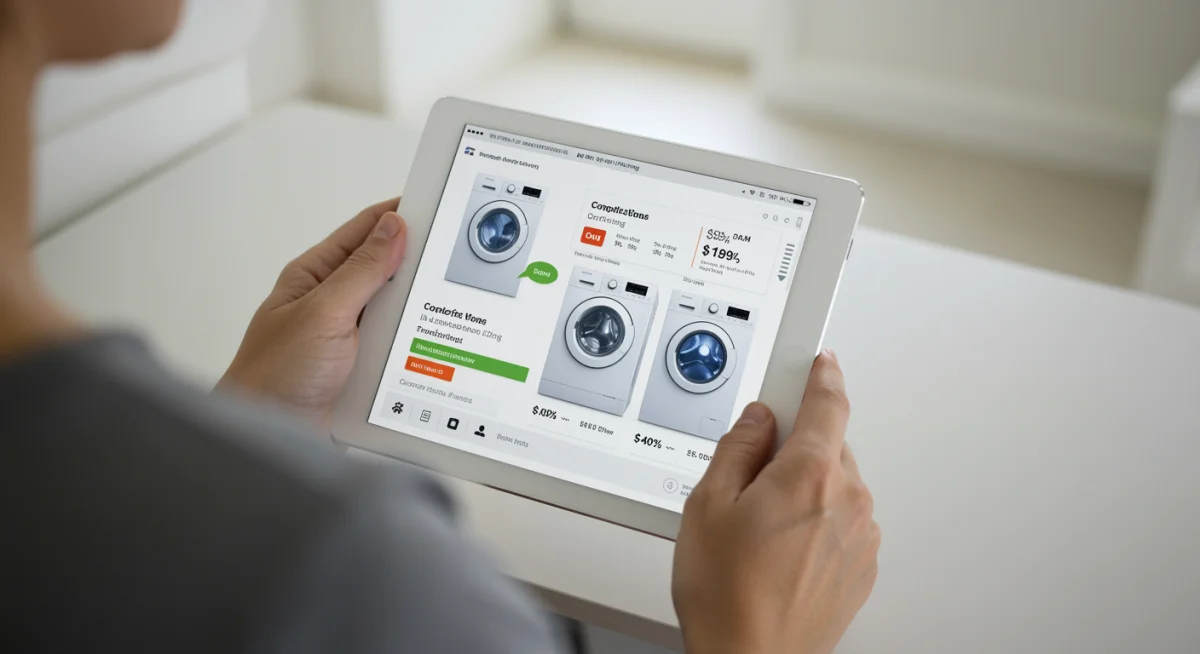 Person researching washing machine and dryer deals online