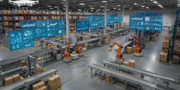 Automated warehouse with robots and data screens for efficient supply chain