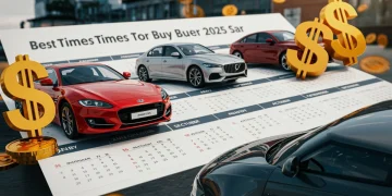Calendar highlighting optimal car buying months in 2025 with car silhouettes and money symbols.