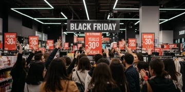 Shoppers engaging with Black Friday deals in a busy retail store environment.