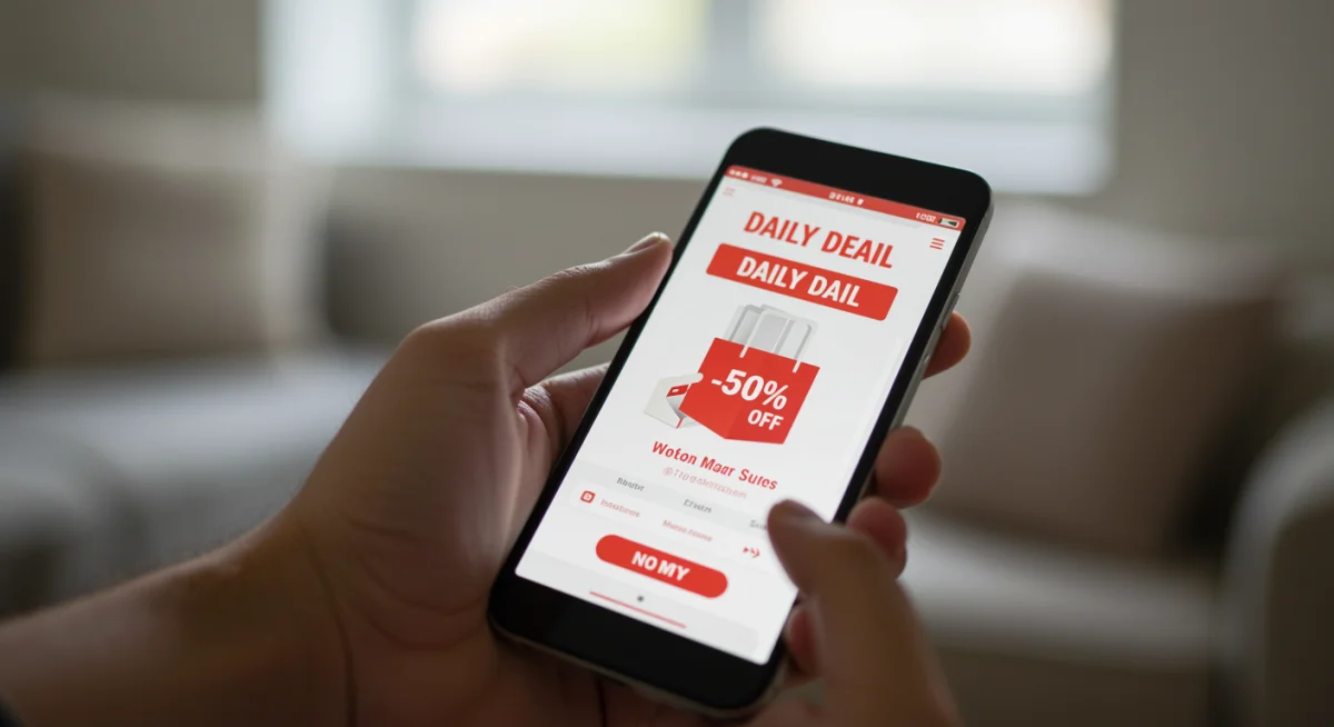 User actively browsing daily deal app on smartphone for discounts