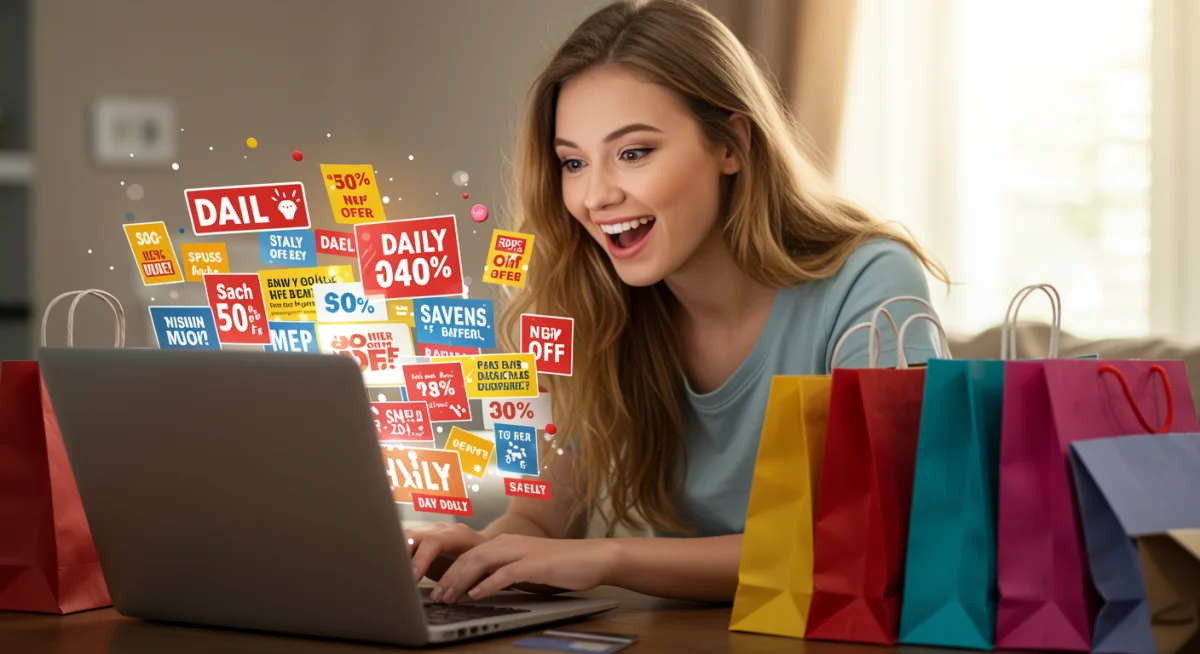 Person browsing daily deal websites for discounts