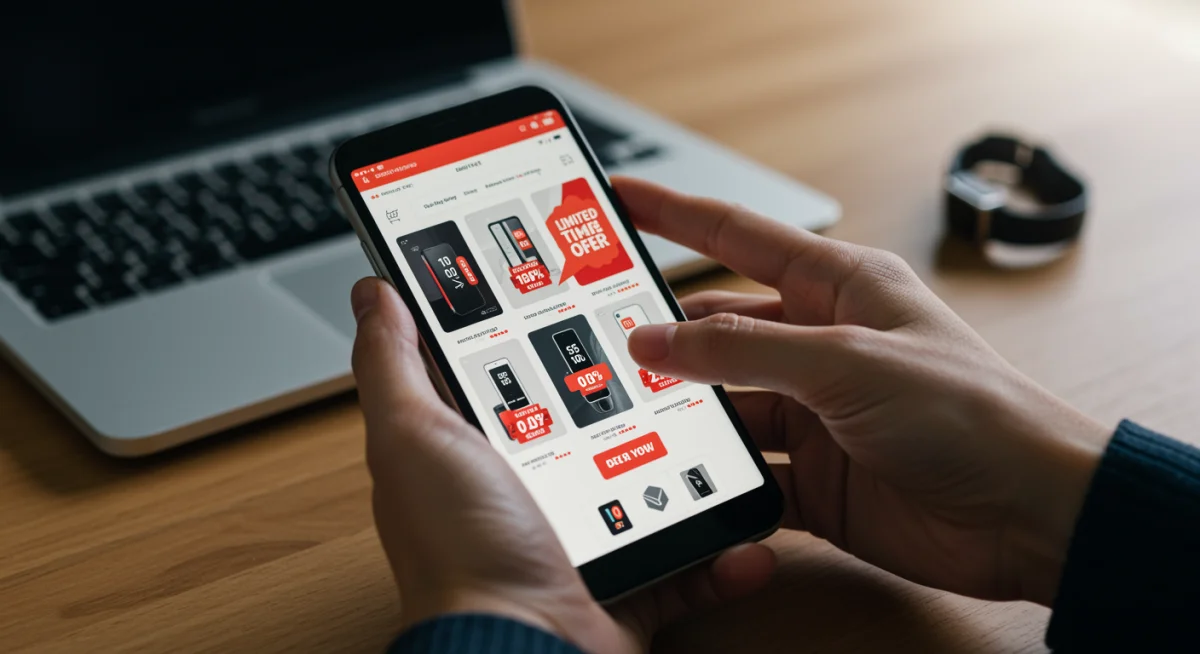 Hands browsing daily tech deals on a smartphone, displaying discounts and limited-time offers.