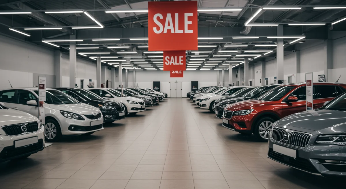 Car dealership showroom with various new models and a 'Sale' banner, indicating promotional offers.