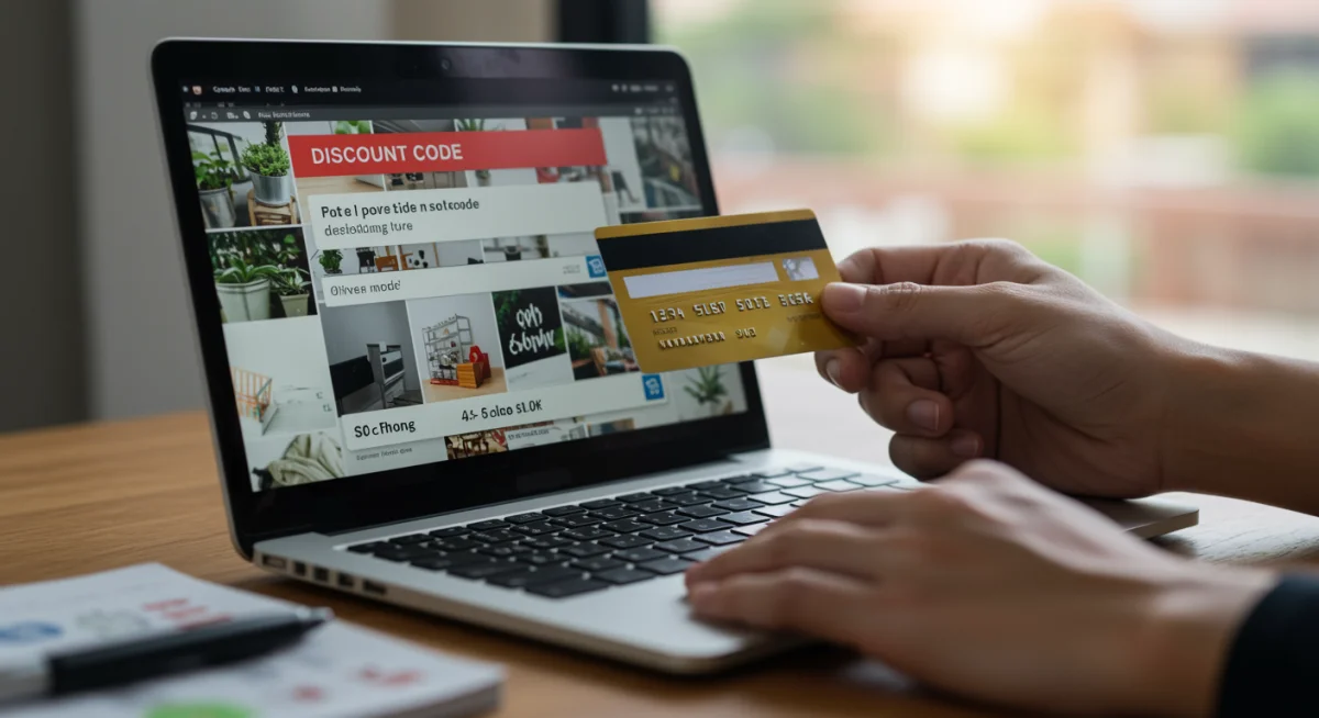 Hand with credit card at checkout, applying discount code