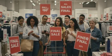 Consumers reviewing 'final sale' signs in a US retail store