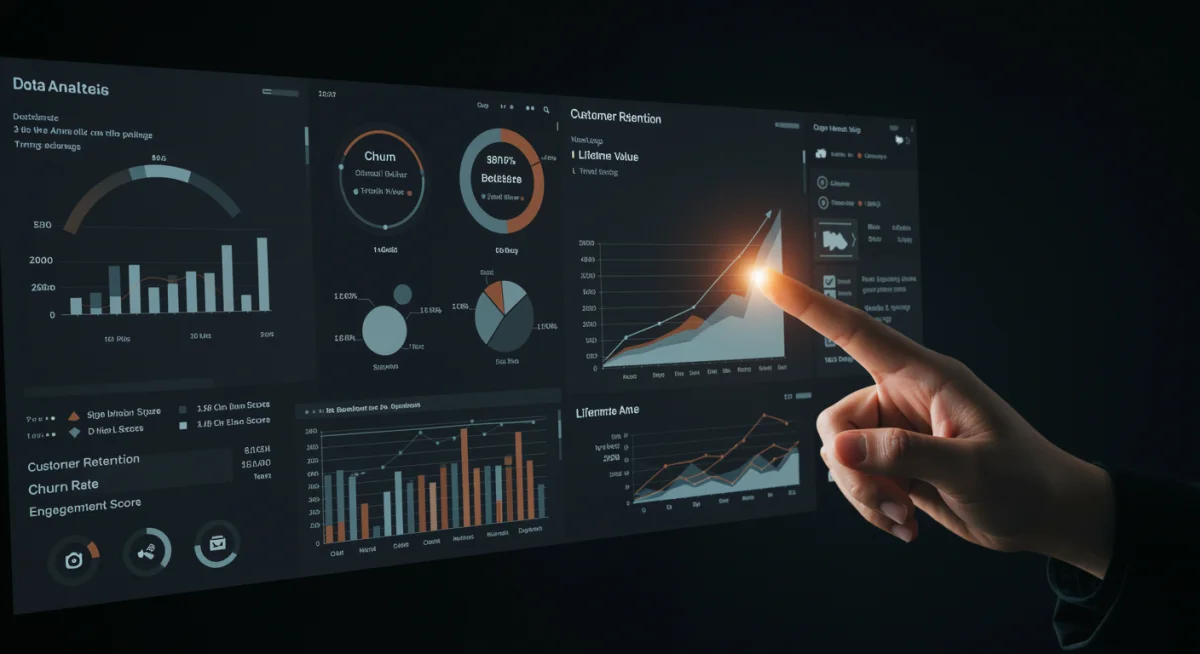 Data analytics dashboard showing customer retention metrics, emphasizing data-driven strategies.