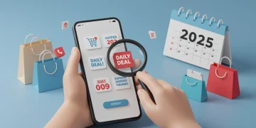 Woman evaluating daily deals on phone, avoiding fake discounts 2025
