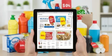 Person browsing daily deals on a tablet for home essentials