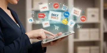 Enthusiastic shopper finding daily deals on a tablet for 2025 savings.