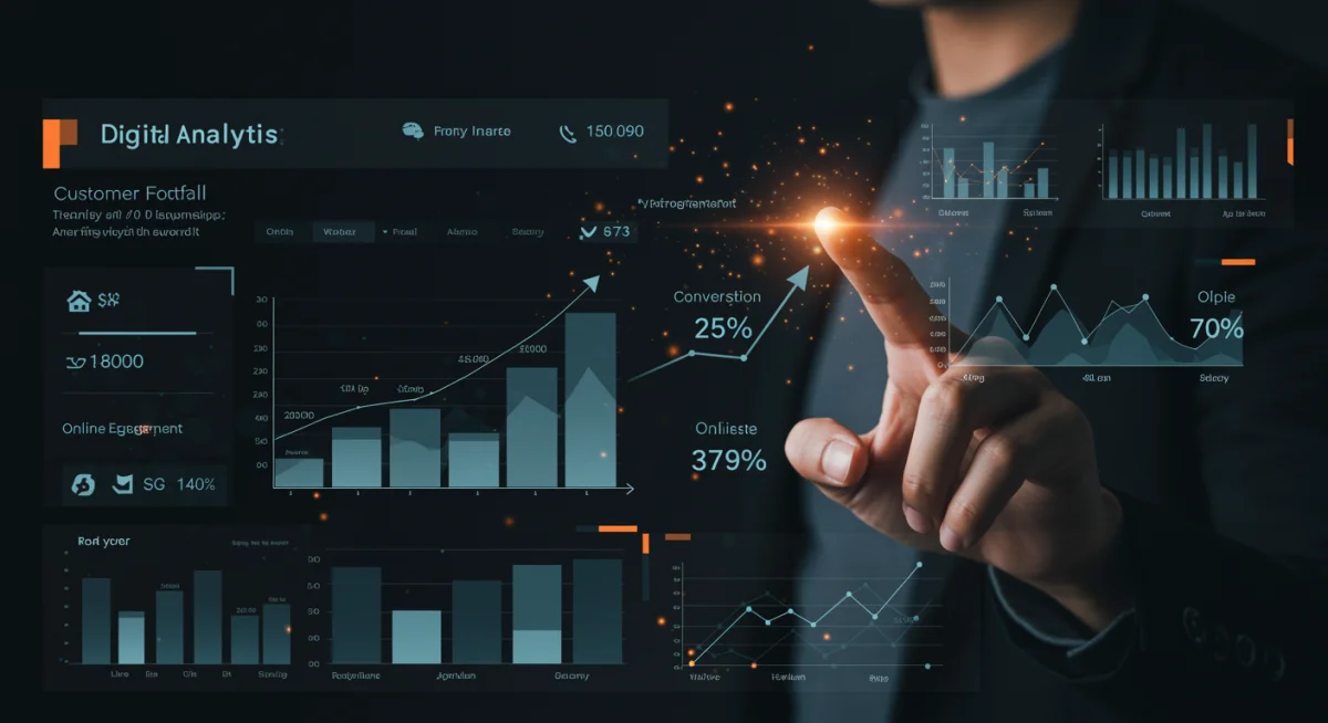 Digital analytics dashboard showing increasing customer footfall and conversion rates