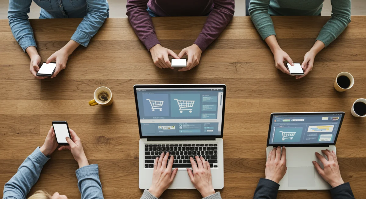 Consumers browsing online sales on their digital devices, showcasing digital engagement.