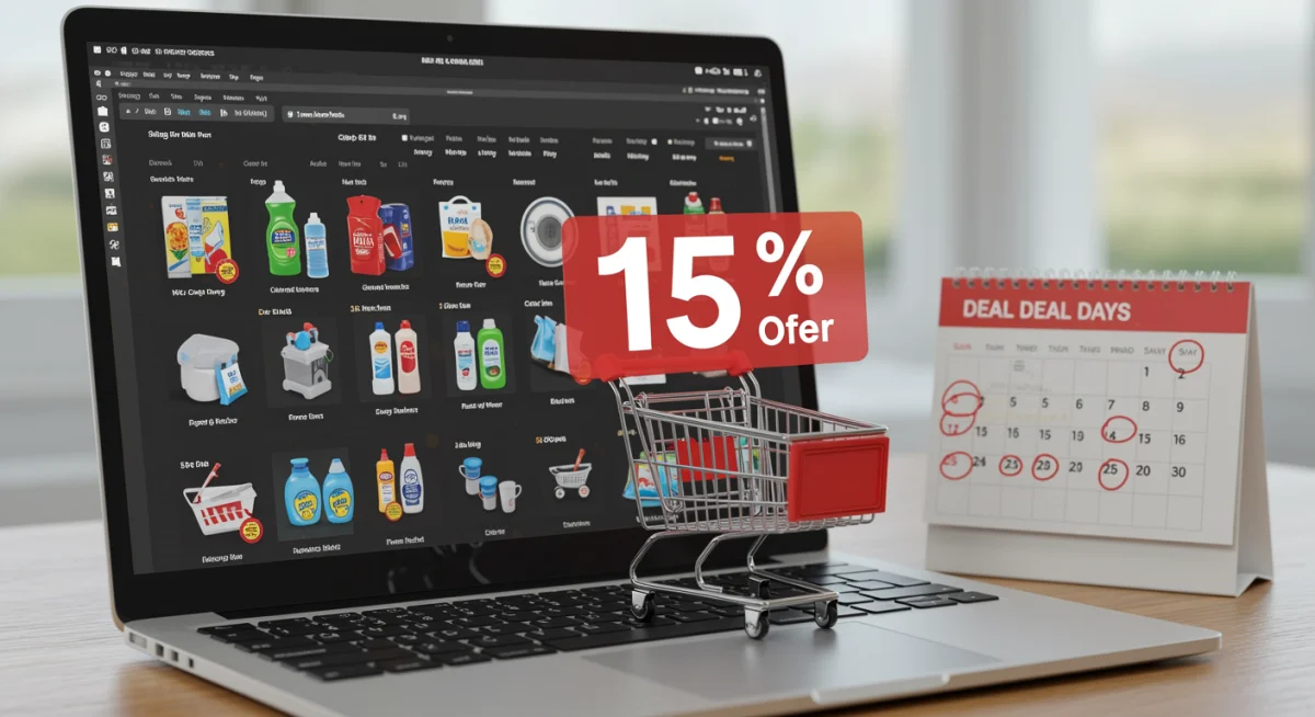 Digital shopping cart with discounted home essentials and calendar