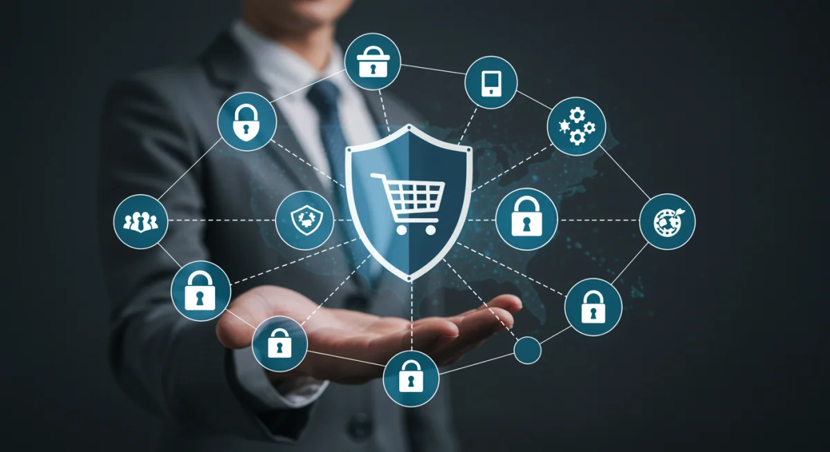 Infographic showing data privacy, cybersecurity, and consumer rights in e-commerce