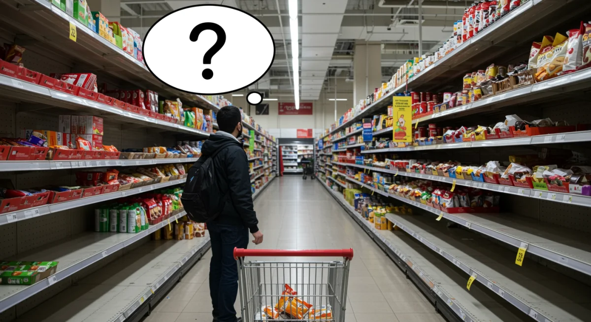 Shopper observing empty grocery store shelf due to product scarcity and supply chain issues.