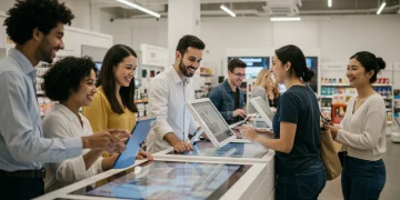 Customers engaged with interactive retail technology in a modern store