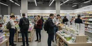 Shoppers examining ethically sourced products in a modern US retail store