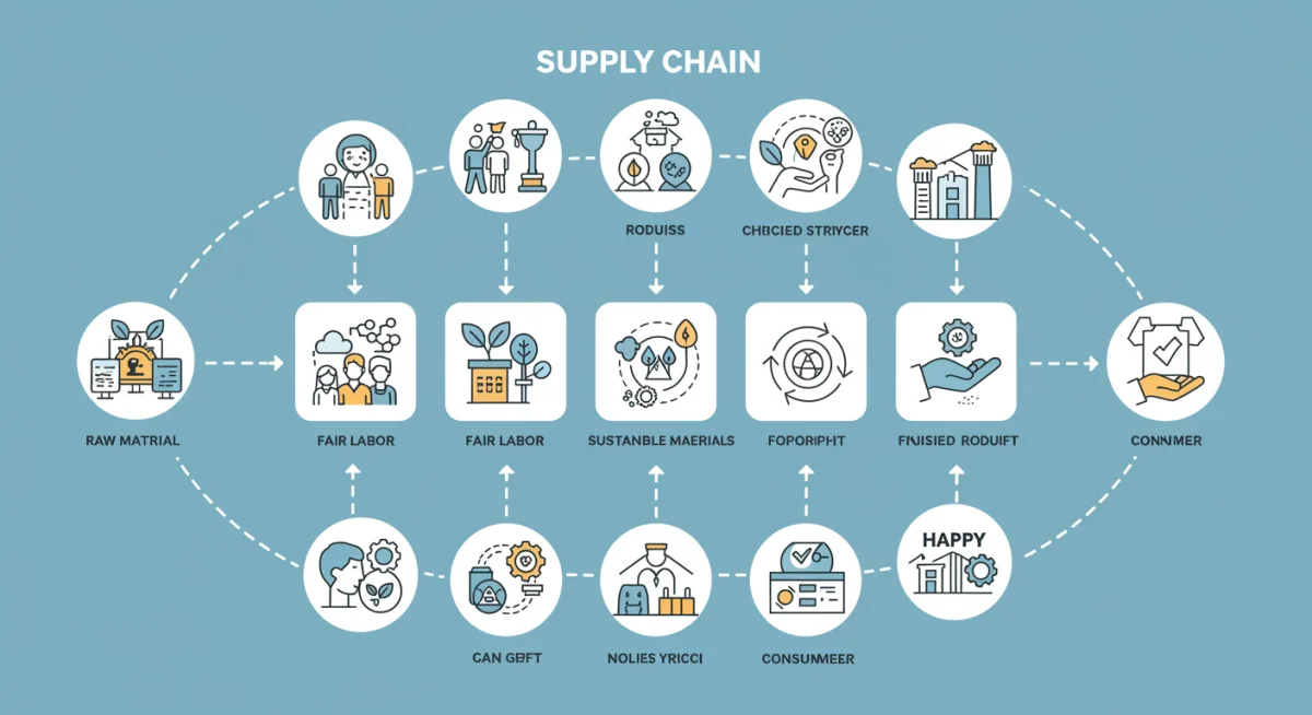 Infographic showing ethical supply chain steps from raw materials to consumer