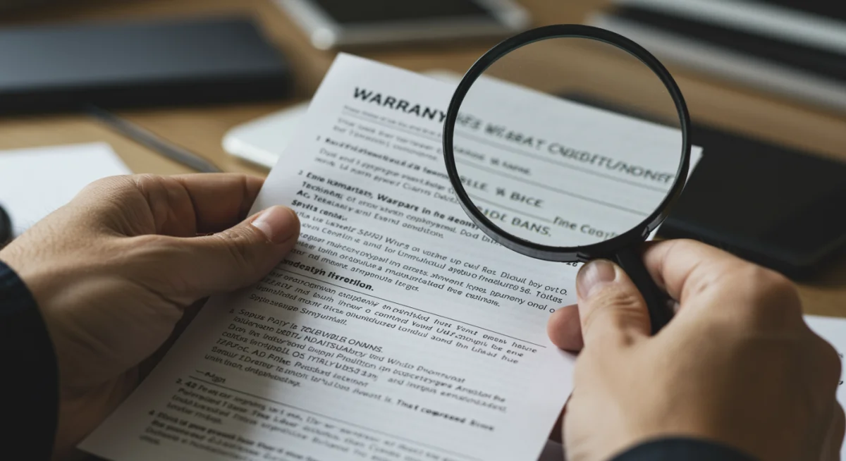 Person examining warranty fine print with magnifying glass