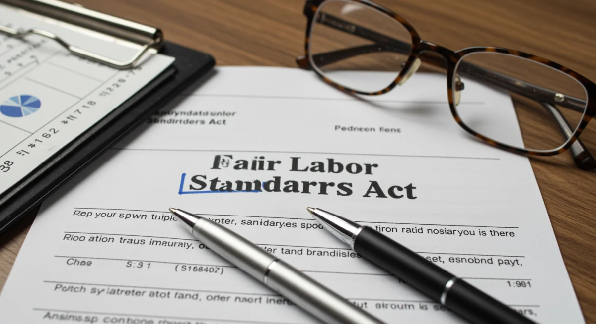 Close-up of Fair Labor Standards Act document with pen and glasses