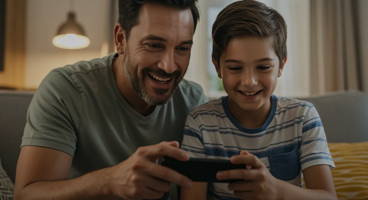Father and son enjoying a new tech gadget together, happy bonding moment