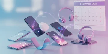 Futuristic tech gadgets with glowing connections, highlighting daily deals in February 2025.