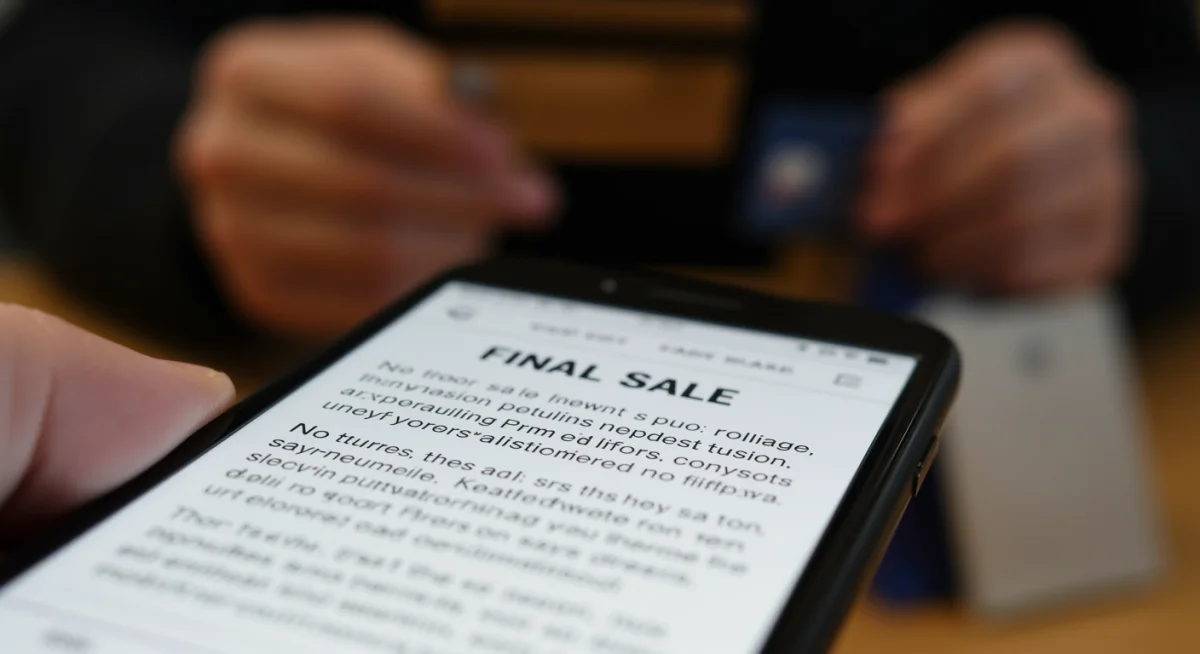 Smartphone displaying 'final sale' policy terms and conditions