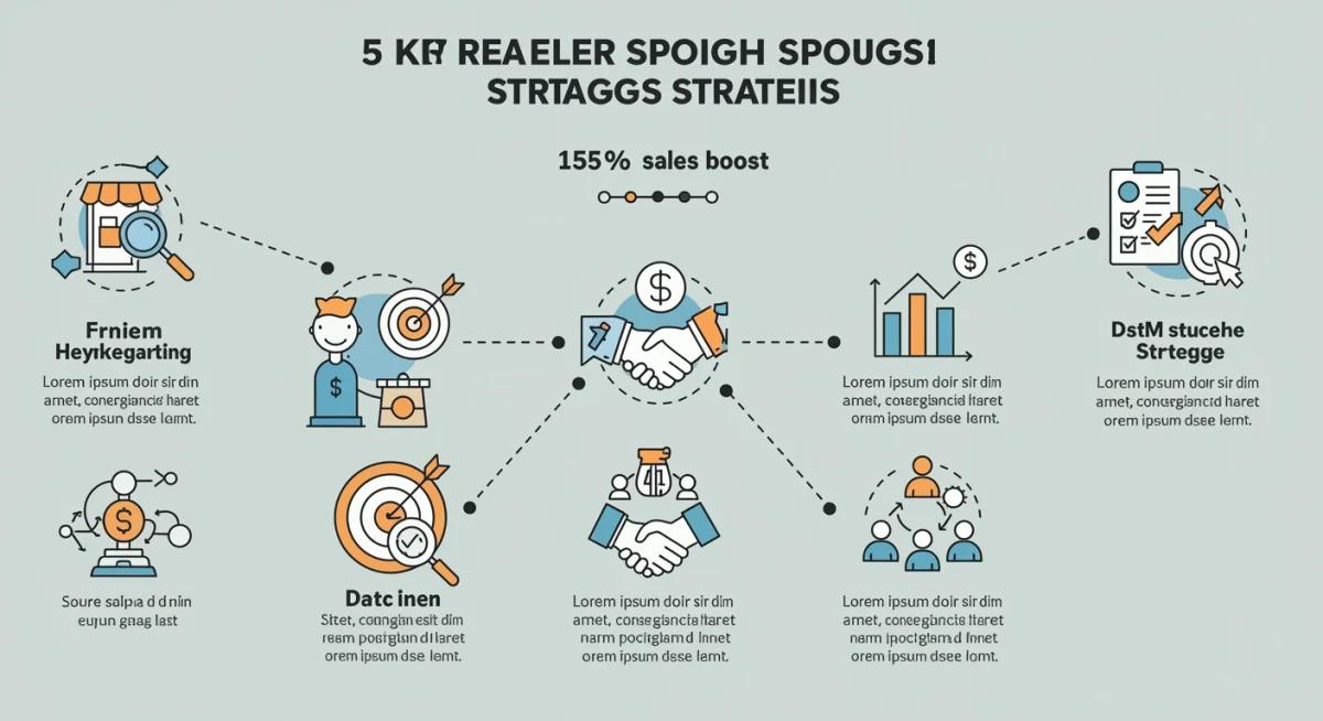 Infographic detailing five key retailer spotlight strategies with icons for innovation, targeting, engagement, data, and community, showing a 15% sales increase.