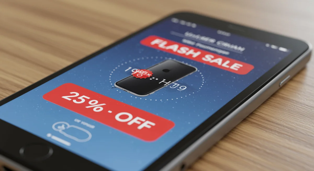 Smartphone displaying flash sale notification with 25% off and countdown timer