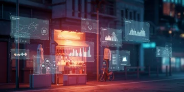 Futuristic retail storefront with digital analytics and optimized e-commerce platform