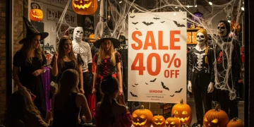 Vibrant Halloween sale display with costumes and decorations, 40% off banner