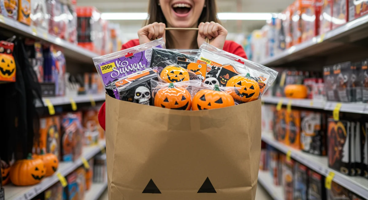 Shopper with Halloween sale finds, holding bags in a store