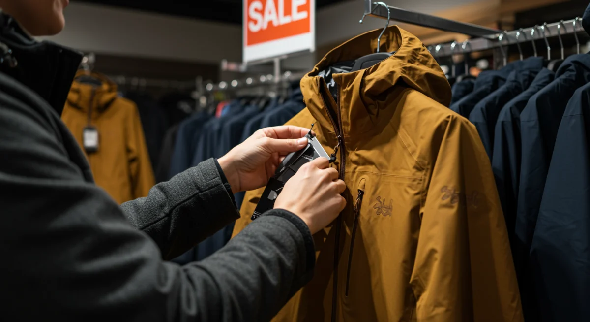 Person inspecting a hiking jacket during an outdoor gear sale.