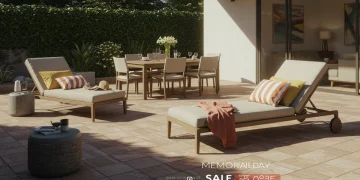 Modern outdoor patio furniture set with lounge chairs and dining table under warm sunlight, showcasing Memorial Day Sale.