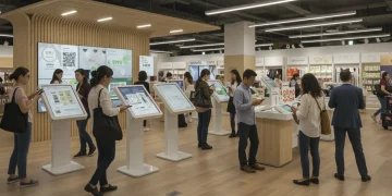 Modern retail store with diverse shoppers engaging with digital and physical products, showcasing future consumer habits.
