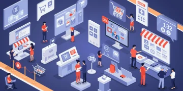 Modern retail setting with diverse shoppers and digital integration