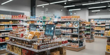 Modern retail store with digital screens displaying inventory data and analytics for 2025 optimization.
