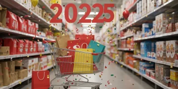 Shopping cart filled with discounted items for New Year's Sales 2025, symbolizing post-holiday clearance deals.