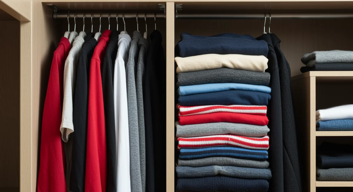 Organized wardrobe with off-season clothing purchases