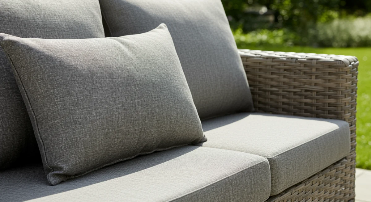 Close-up of durable, weather-resistant outdoor sofa cushion on a wicker sofa in a garden.