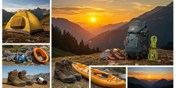 Assortment of outdoor gear for camping and hiking, set against a scenic mountain backdrop.