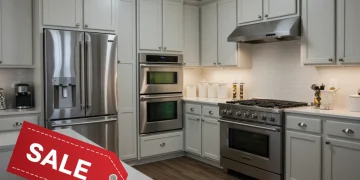 Modern kitchen with new stainless steel appliances during President's Day sales