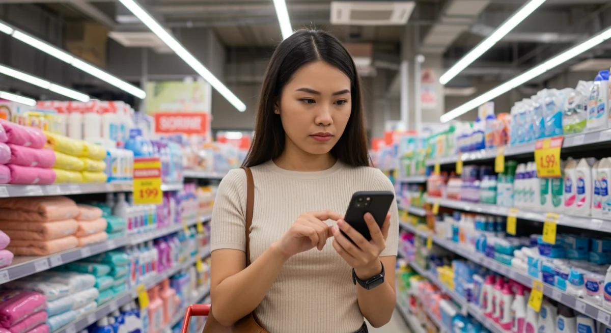 A shopper using a mobile app to compare prices and check reviews for a product during a spring clearance event.